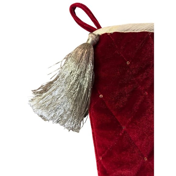 Set of 2 Red Quilted Velvet-Like Christmas Stockings Gold Tassel Holiday Decor - Picture 5 of 10